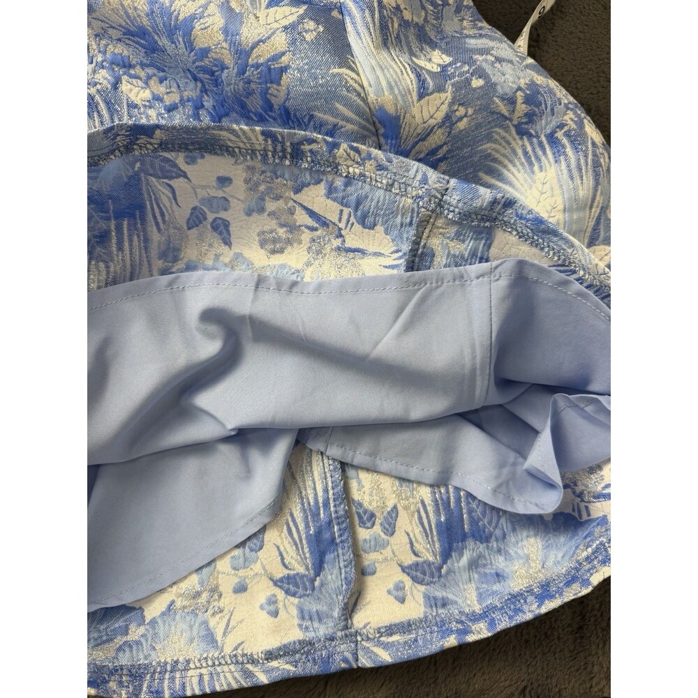 Lena Women’s M Blue Silver Floral Brocade Jacquard Puff Sleeve Mini Dress - Picture 7 of 12